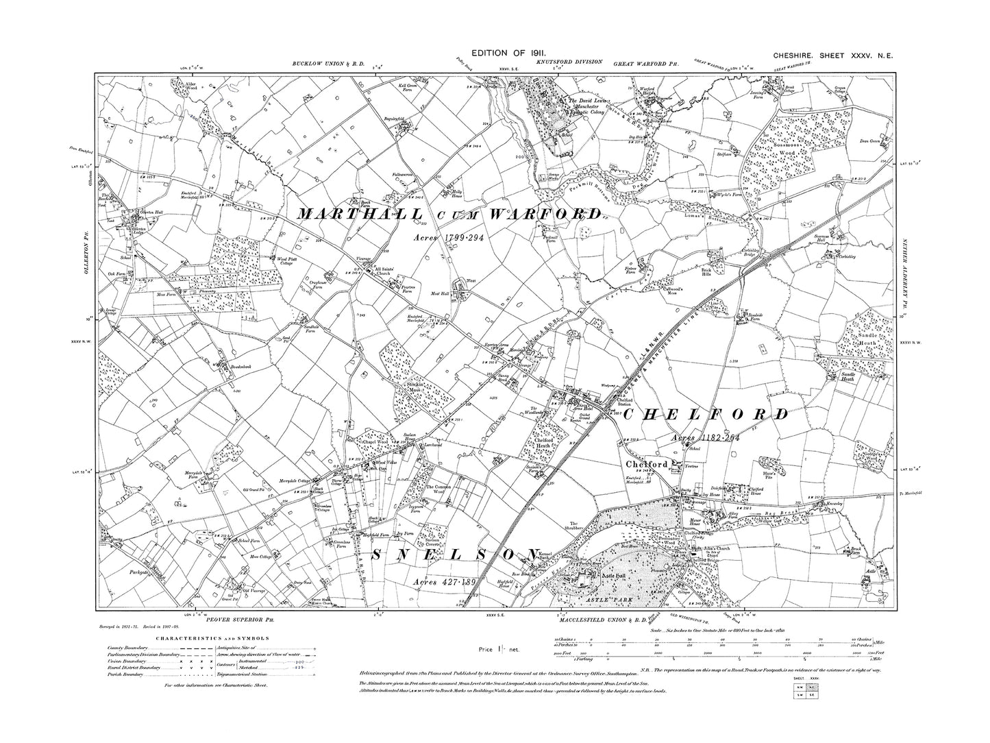 Old OS map dated 1911, showing Chelford, Snelson, Ollerton (east) in Cheshire 35NE