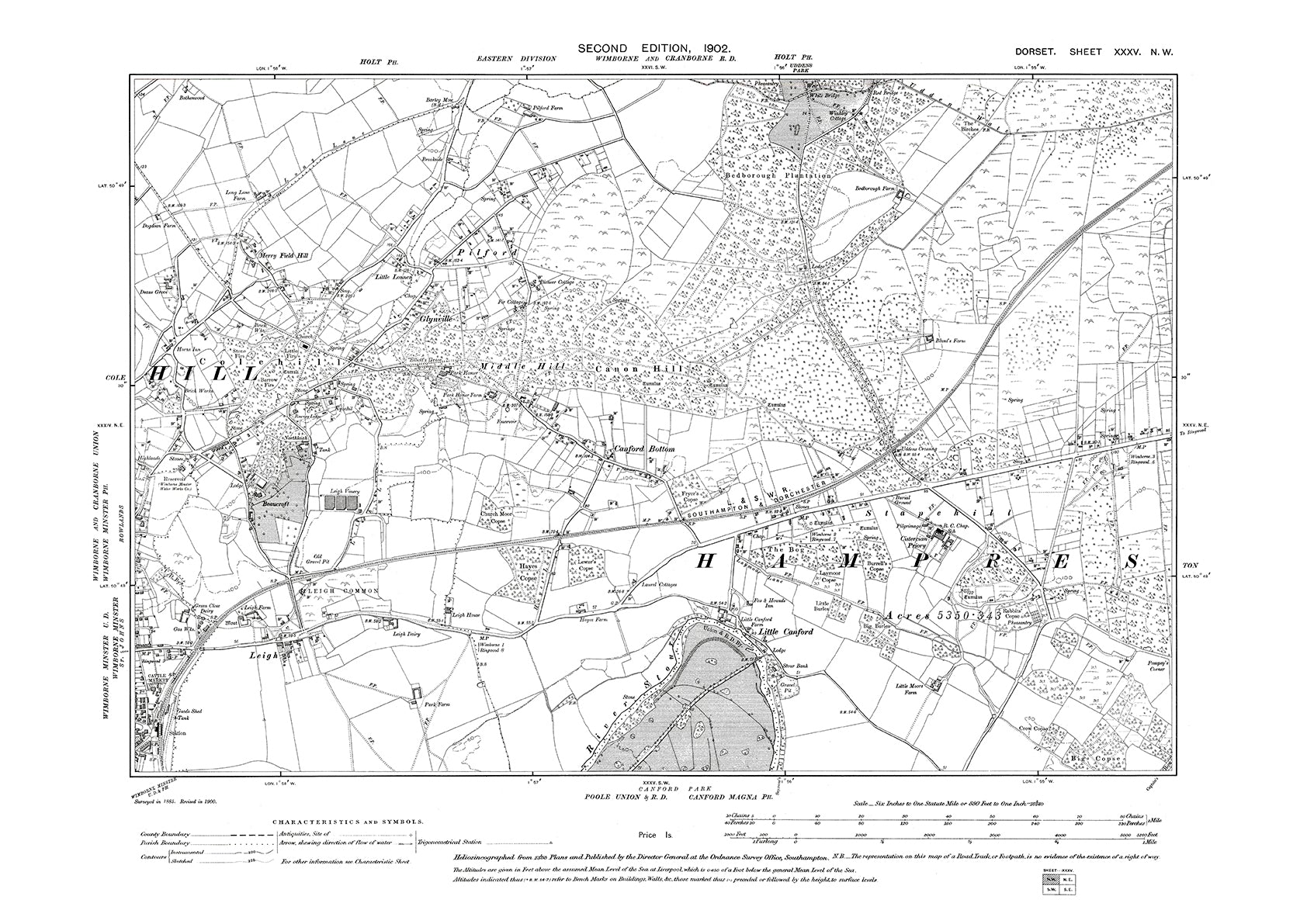 Old OS map dated 1902, showing Wimborne Minster (east), Leigh, Pilford ...