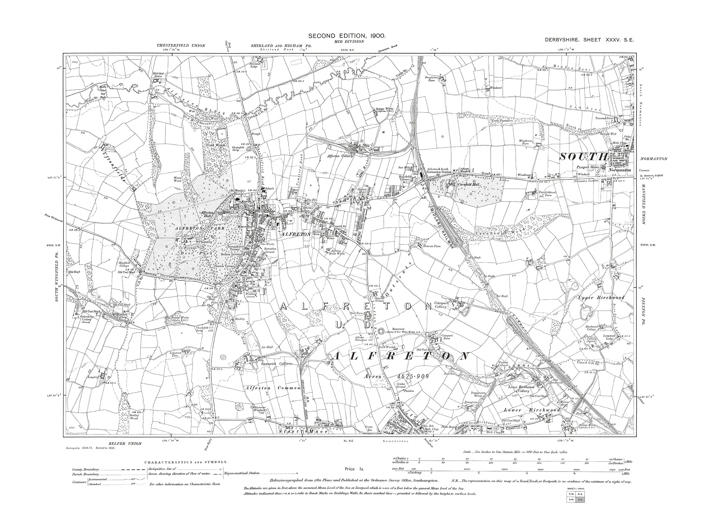 Old OS map dated 1900, showing Alfreton, South Normanton (west), Somer ...