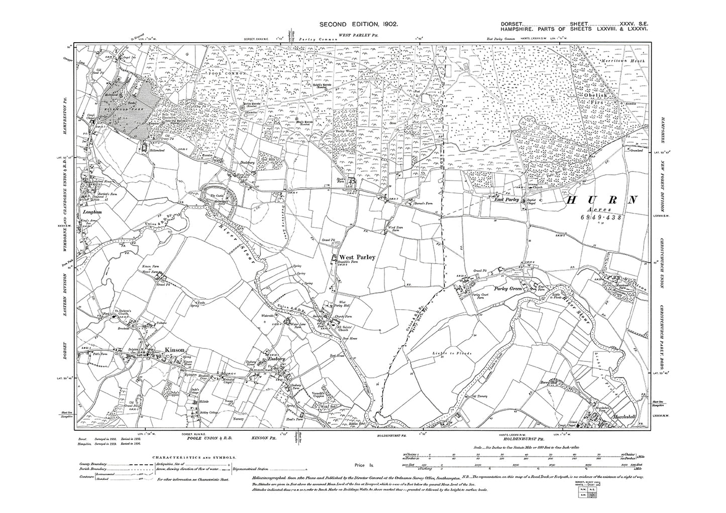 Old OS map dated 1902, showing Kinson, West Parley, Ensbury, Longham (east) in Dorset - 35SE