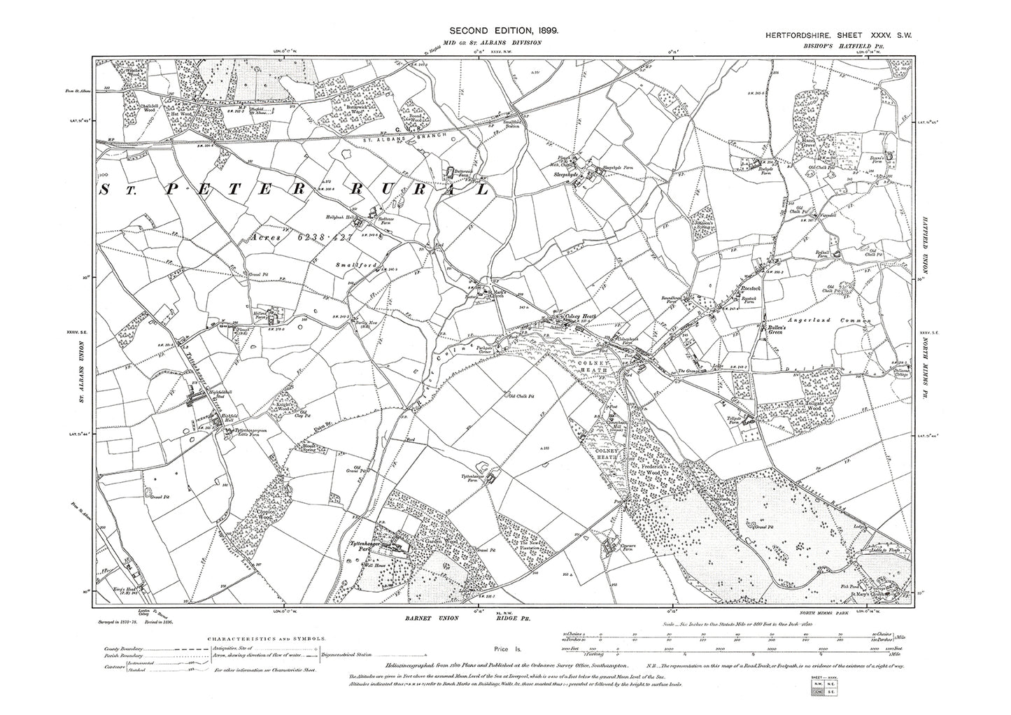 Old OS map dated 1899, showing Colney Heath in Hertfordshire - 35SW