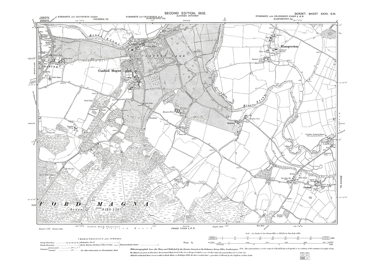 Old OS map dated 1902, showing Canford Magna, Oakley, Hampreston, Longham (west), Cudnell in Dorset - 35SW