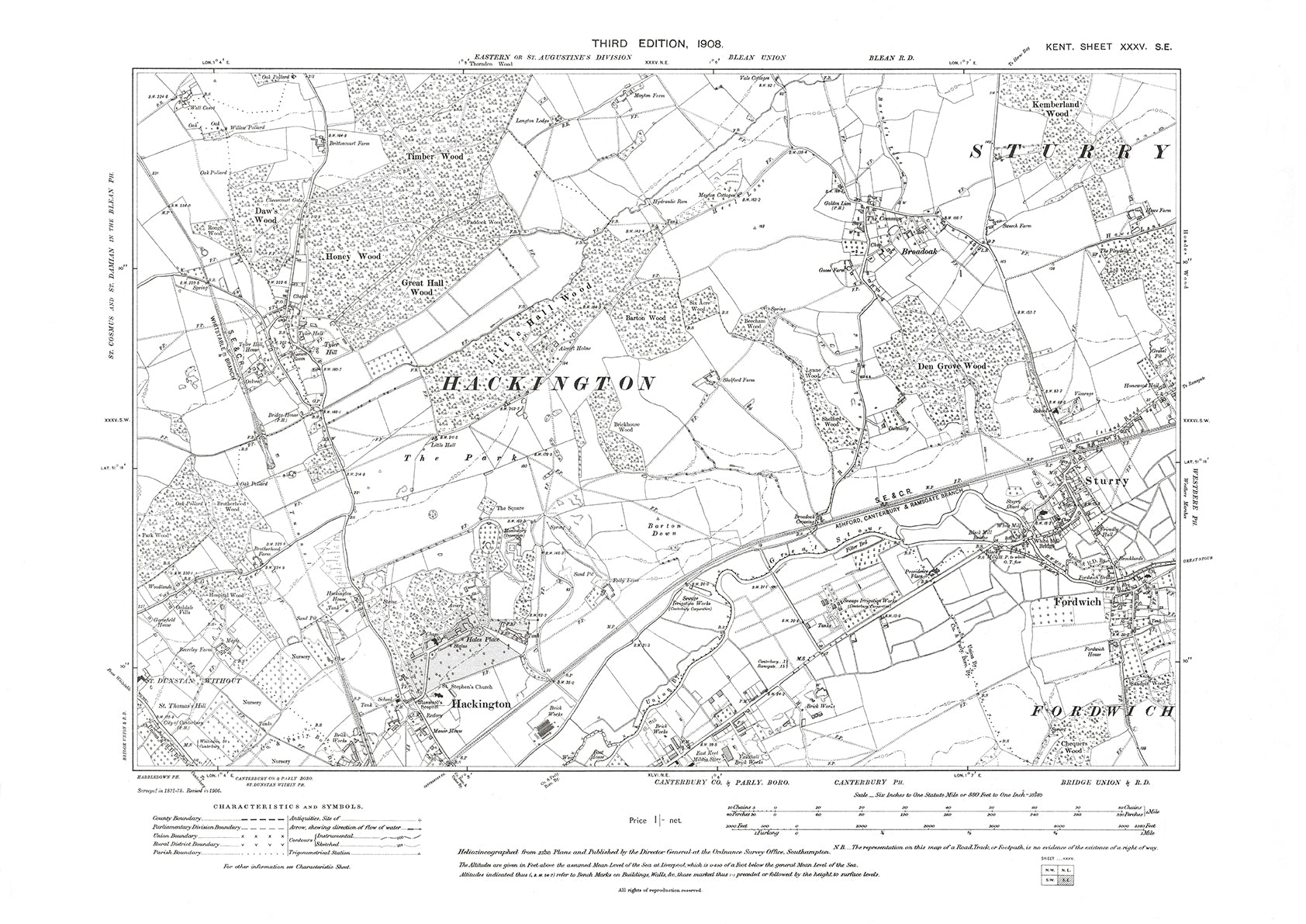 Hackington, Sturry, Fordwich, Broadoak, old map Kent 1908: 35SE – Old ...