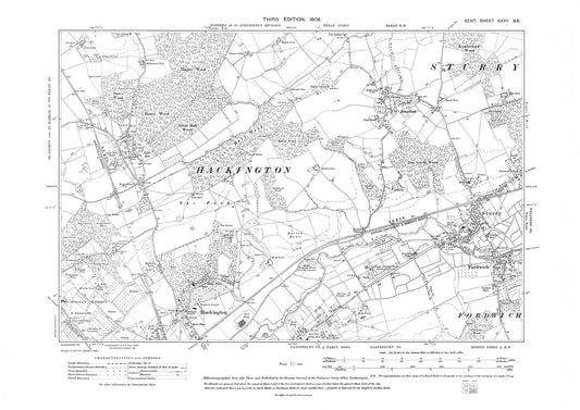 Hackington, Sturry, Fordwich, Broadoak, old map Kent 1908: 35SE