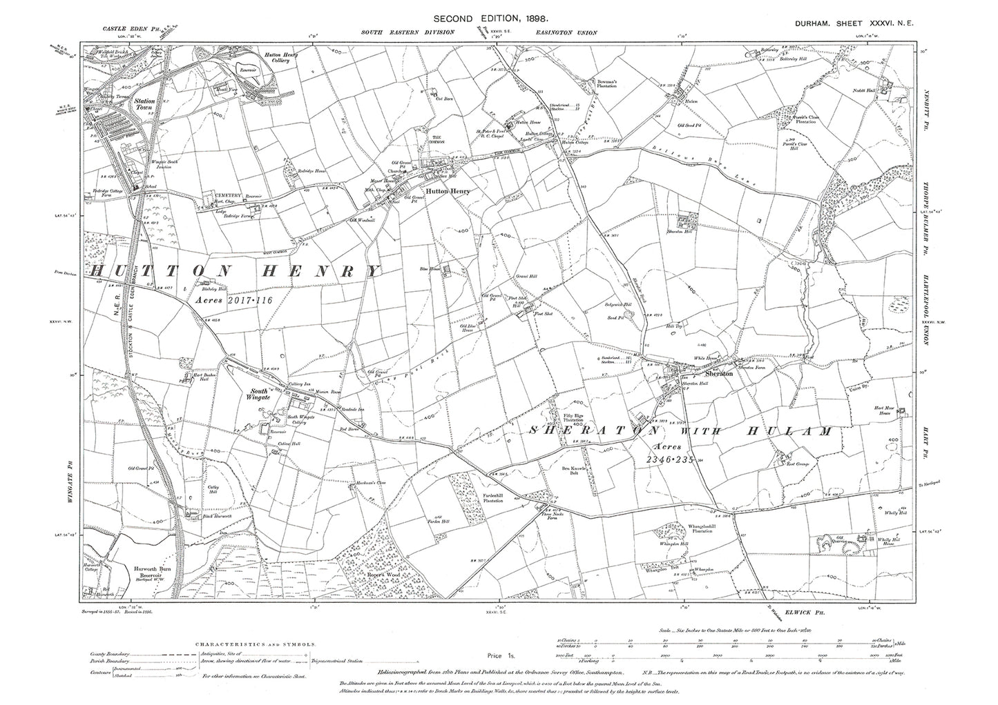 Old OS map dated 1898, showing Hutton Henry and Sheraton in Durham - 36NE