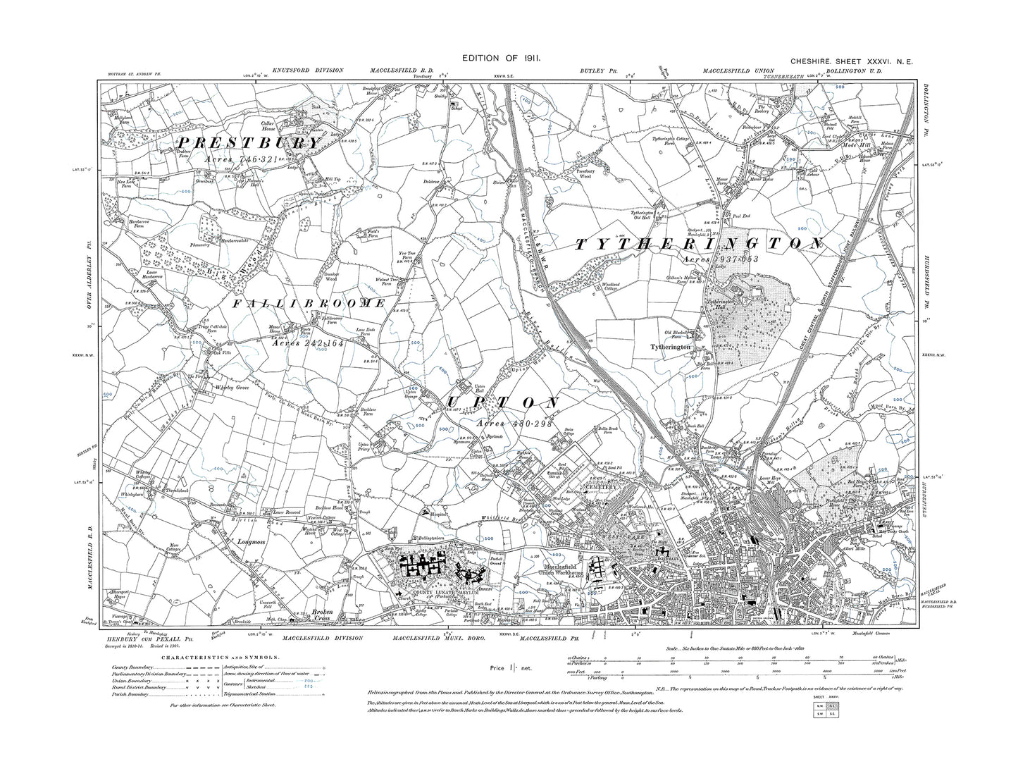 Old OS map dated 1911, showing Macclesfield (north), Fallibroome, Prestbury in Cheshire 36NE
