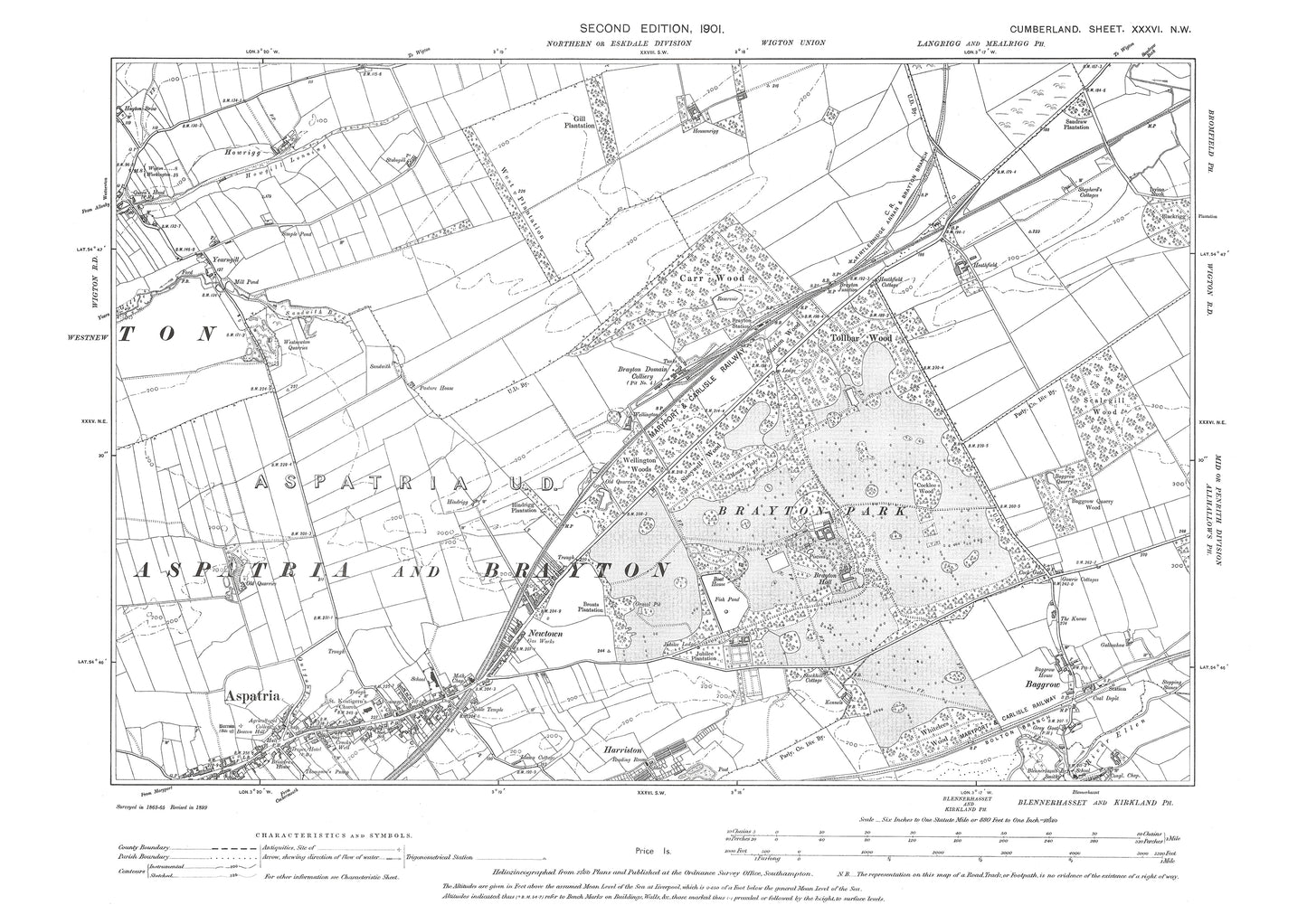 Old OS map dated 1901, showing Aspatria, Harriston, Baggrow in Cumberland - 36NW