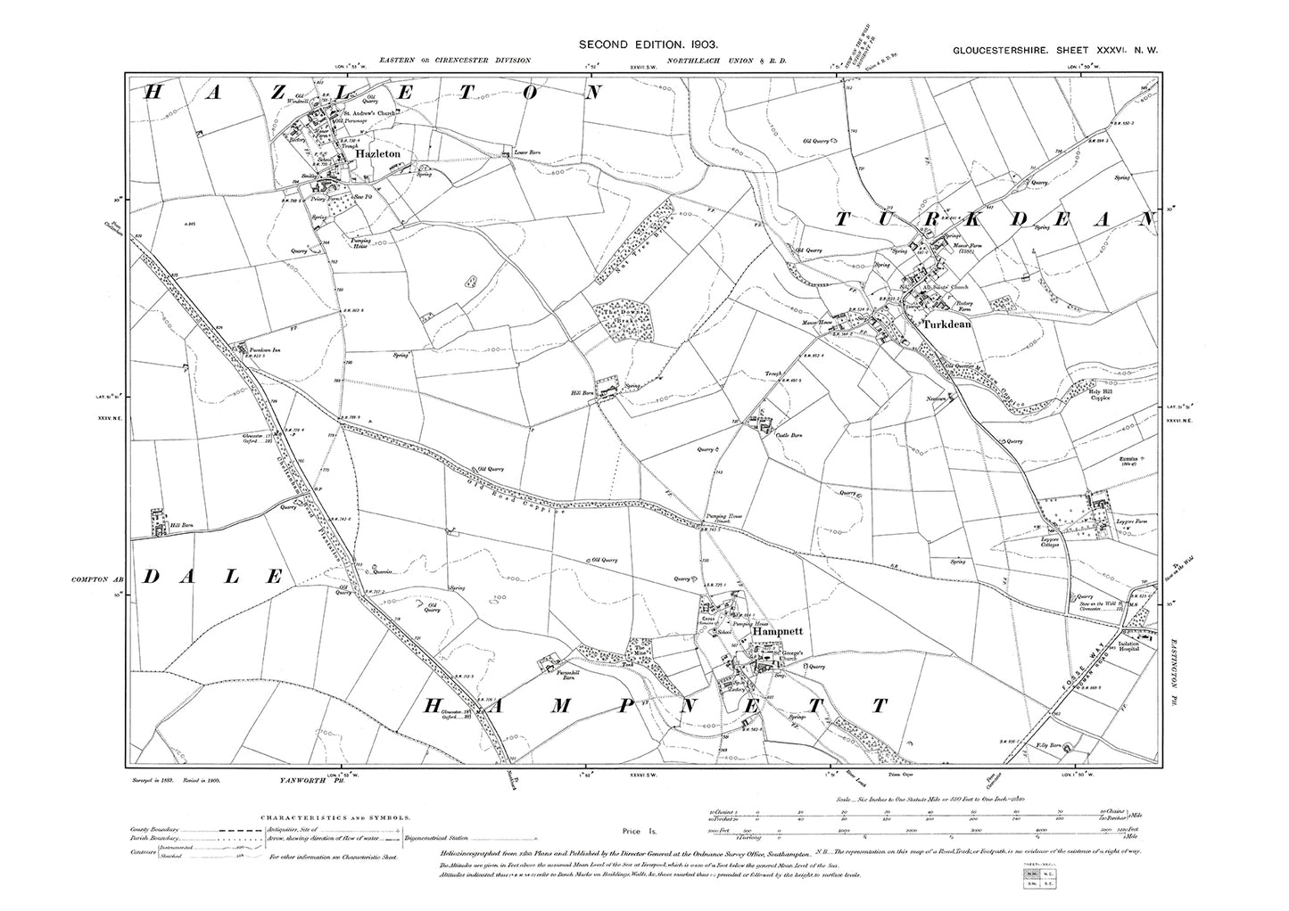 Old OS map dated 1903, showing Hazleton, Turkdean, Hampnett in Gloucestershire - 36NW