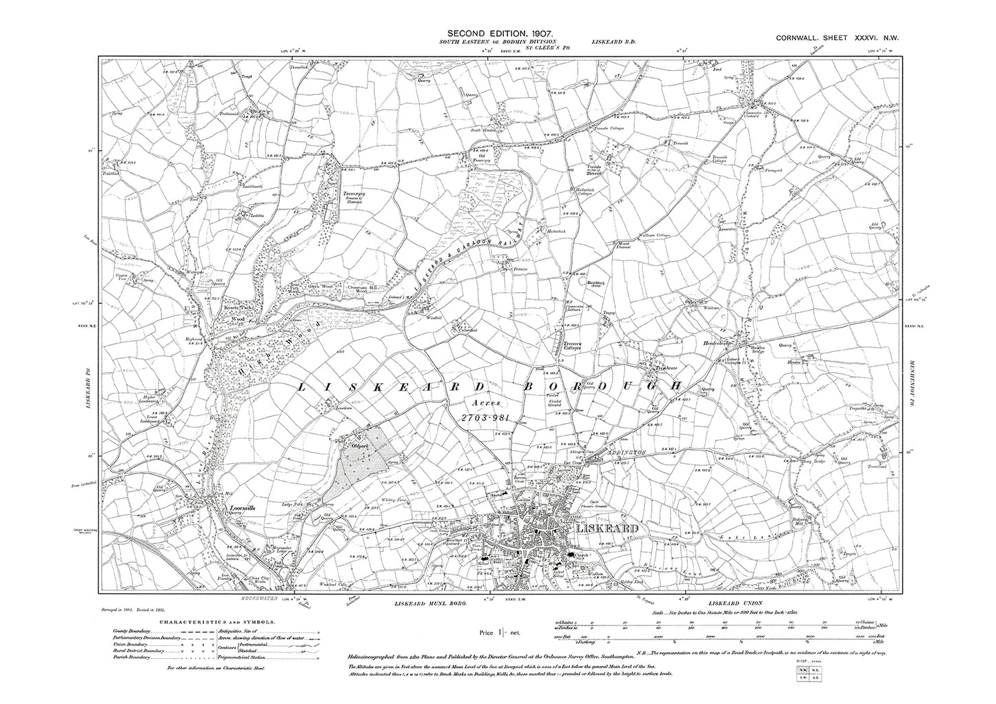 Liskeard (north), old map Cornwall 1907: 36NW