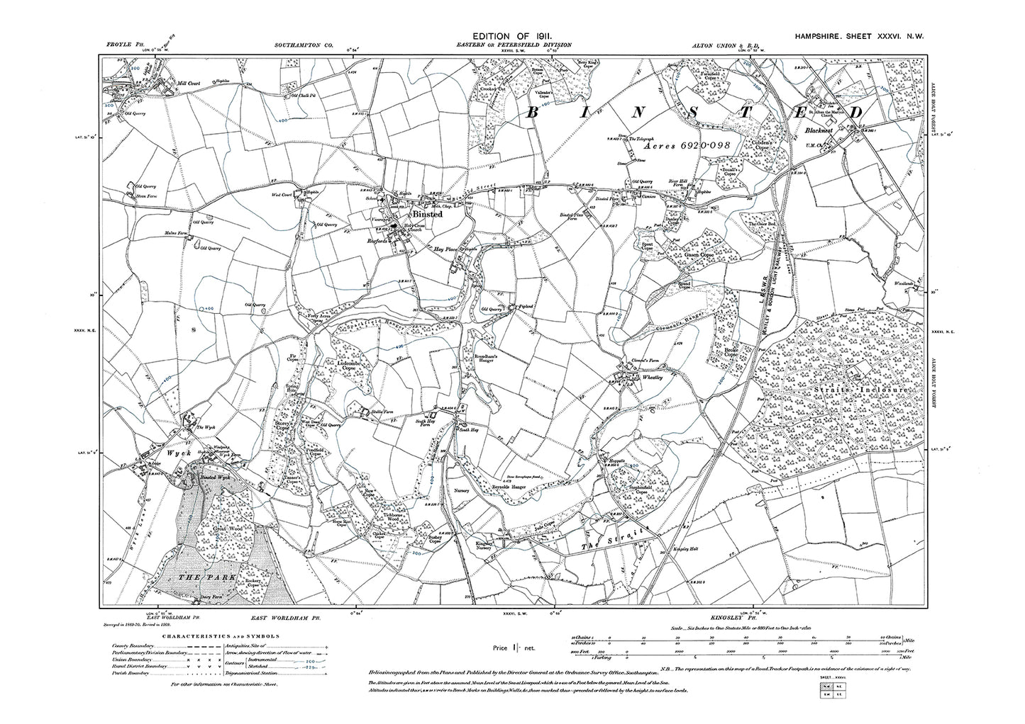 Old OS map dated 1911, showing Binsted, Wyck, Blacknest in Hampshire - 36NW