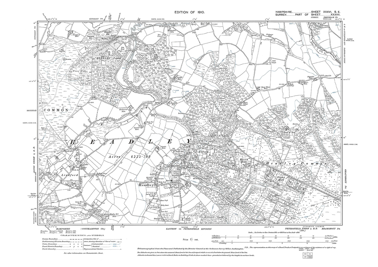 Old OS map dated 1910, showing Headley, Lindford in Hampshire - 36SE