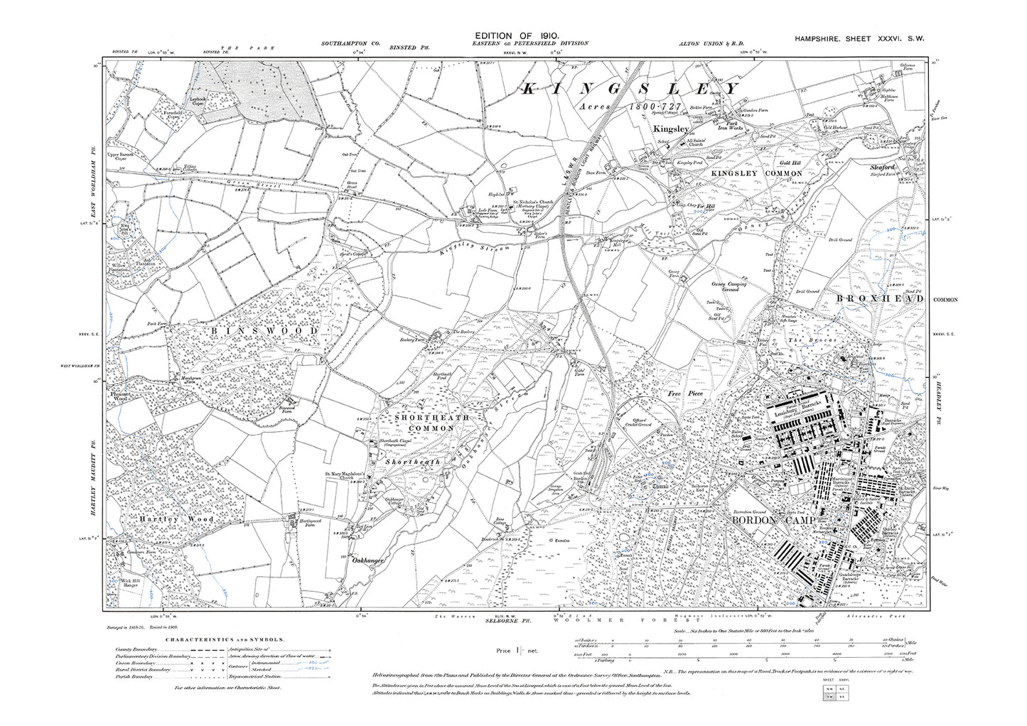 Old OS map dated 1911, showing Kingsley, Bordon Camp in Hampshire - 36SW