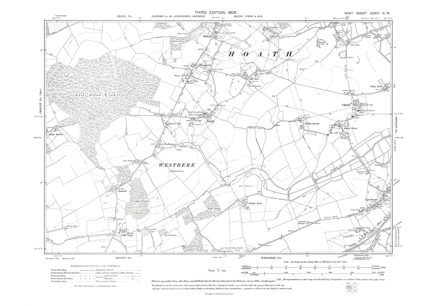 Hoath, Chislet, Upstreet, Westbere, old map Kent 1908: 36NW