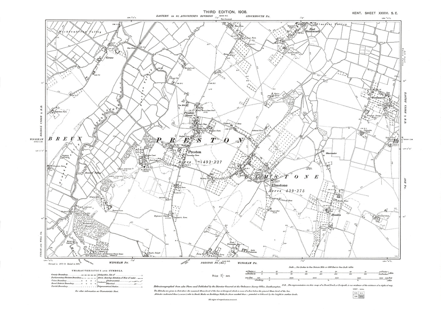 Preston, Elmstone, East Stourmarsh, Westmarsh, old map Kent 1908: 36SE