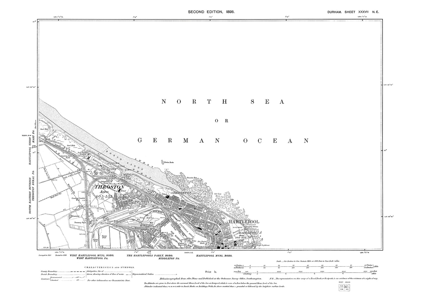 Old OS map dated 1898, showing Throston and Hartlepool (north) in Durham - 37NE