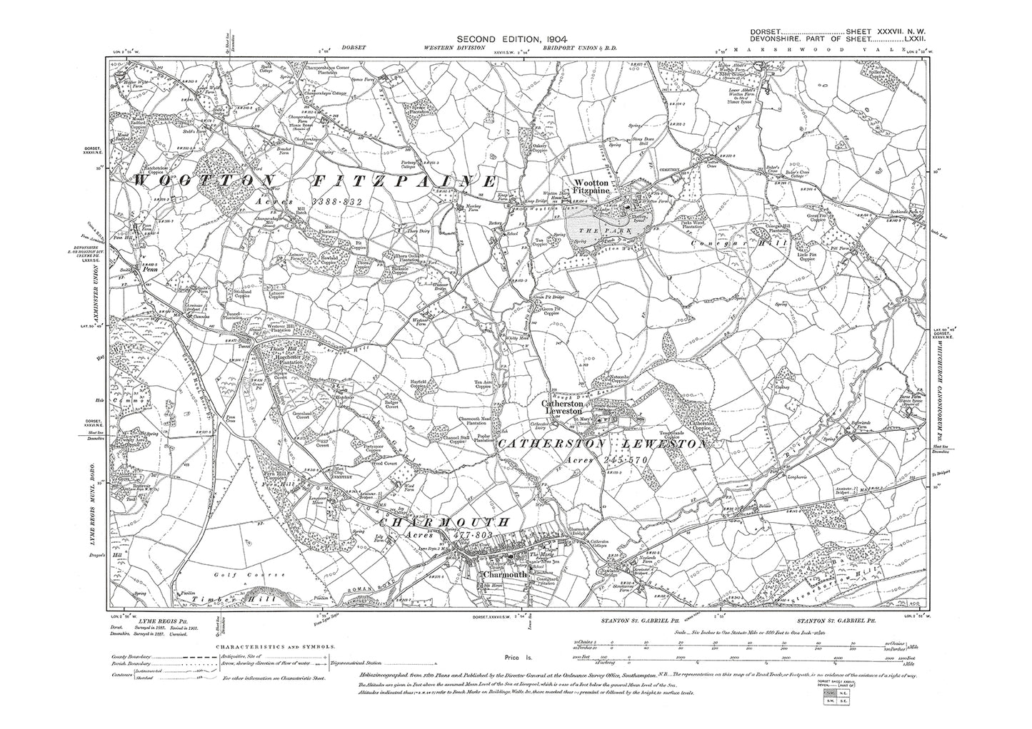 Old OS map dated 1904, showing Charmouth, Catherston Leweston, Wootton Fitzpaine in Dorset - 37NW