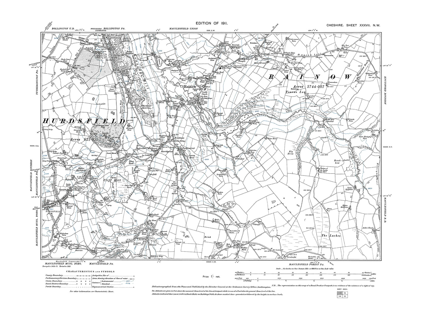 Old OS map dated 1911, showing Macclesfield (northeast), Bollington (south), Rainow in Cheshire 37NW