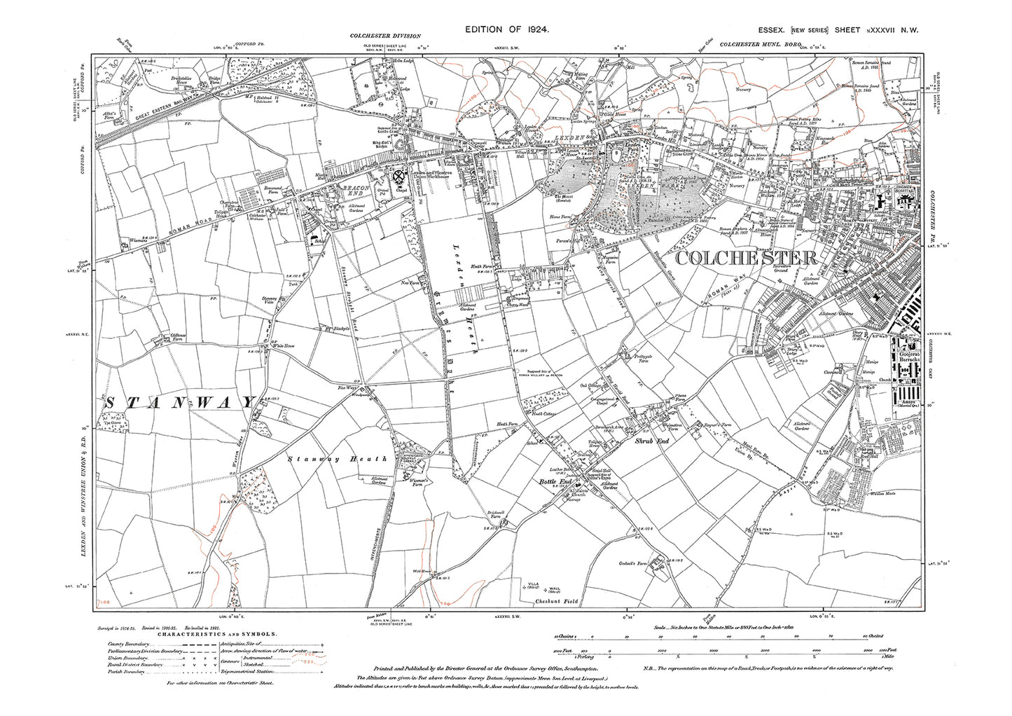 Old OS map dated 1924, showing Colchester(west) in Essex - 37NW