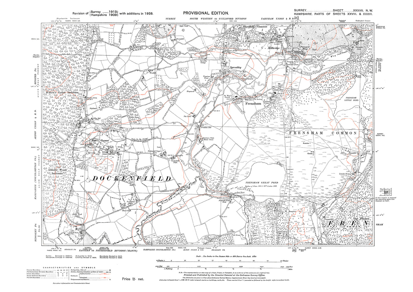 Frensham, Spreakley, Millbridge, Batt's Corner old map Surrey 1938: 37NW