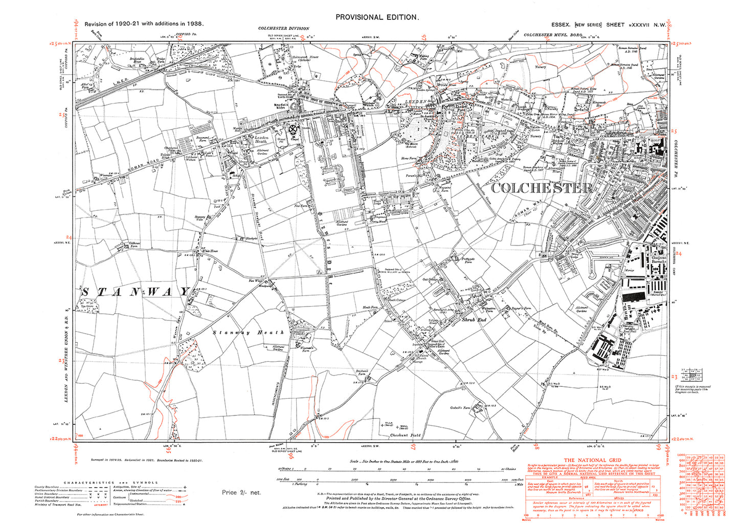 Old OS map dated 1938, showing Colchester(west) in Essex - 37NW