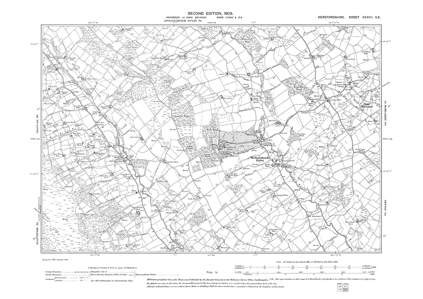 Old OS map dated 1905, showing Michaelchurch Escley in Herefordshire - 37SE