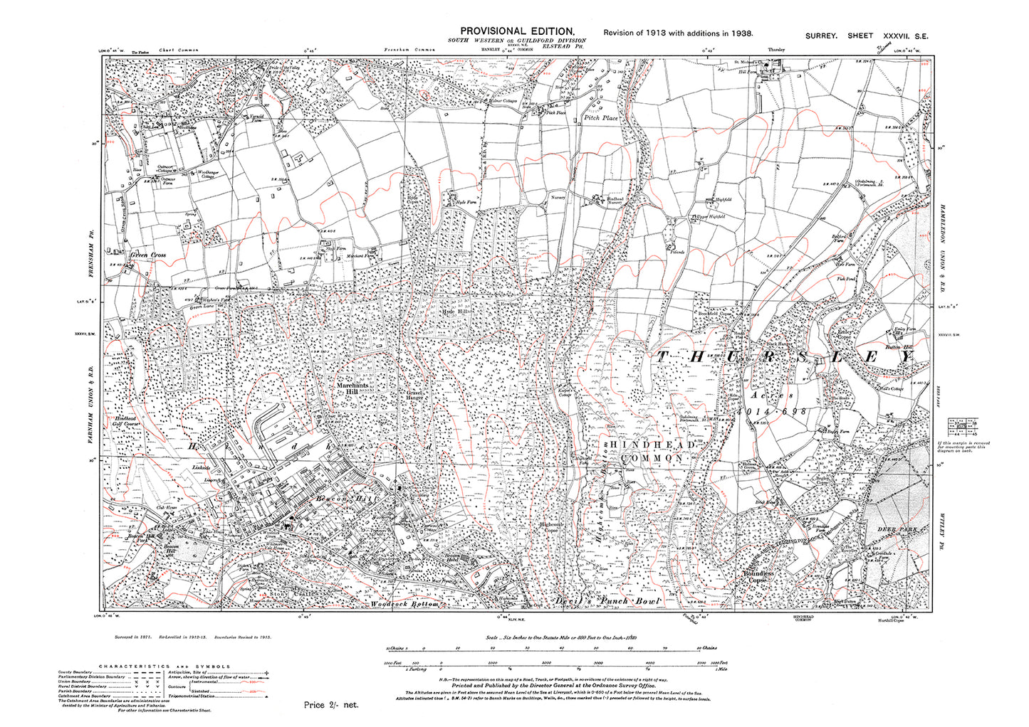 Beacon Hill, Hindhead Common old map Surrey 1938: 37SE