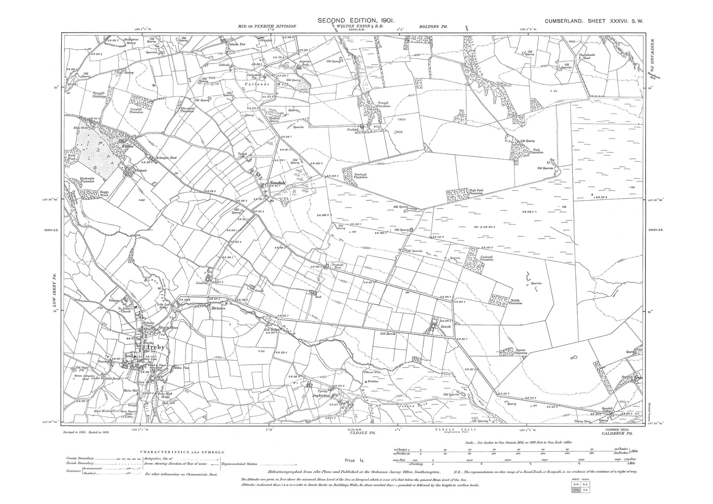 Old OS map dated 1901, showing Ireby in Cumberland - 37SW