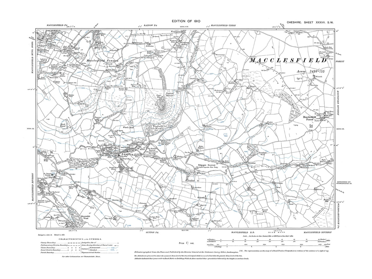 Macclesfield Postcode Old OS map dated 1910, showing Macclesfield Common, Macclesfield Fores ...