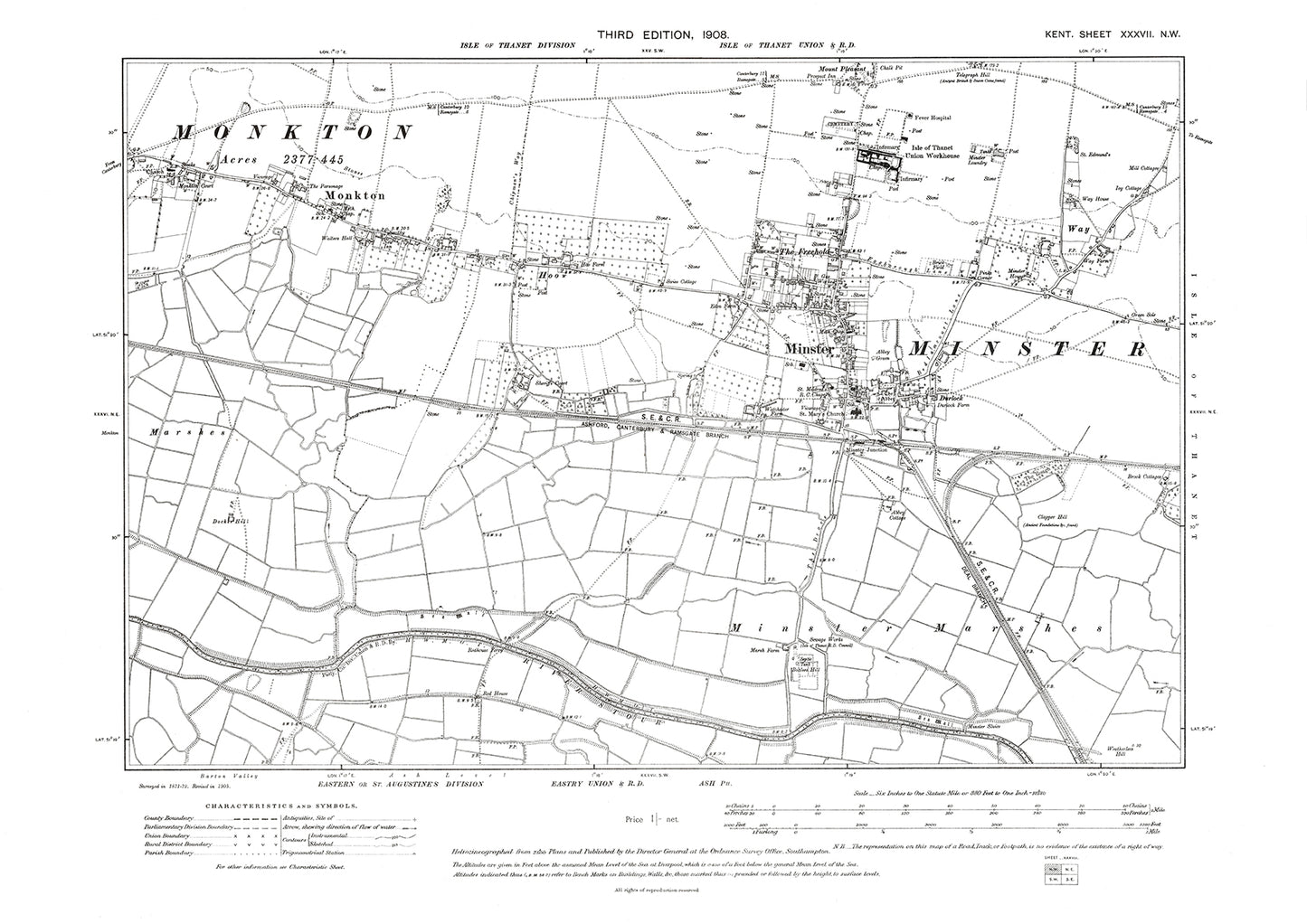 Minster, Monkton, old map Kent 1908: 37NW