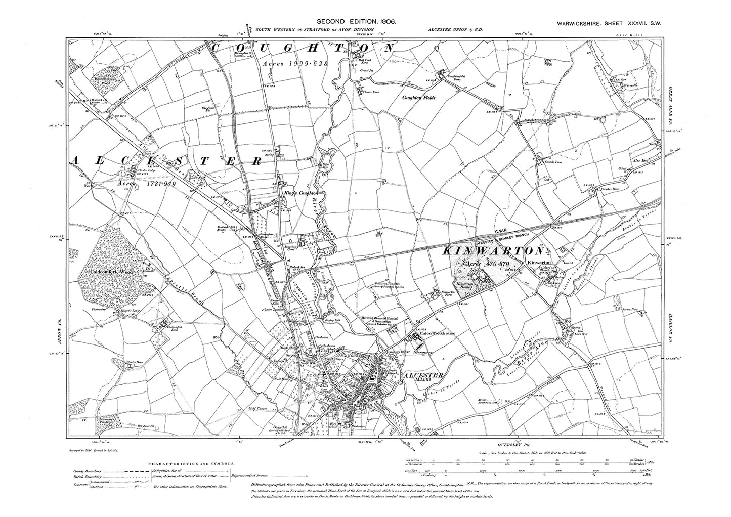 Alcester, Kinwarton, King's Coughton, old map Warwickshire 1906: 37SW