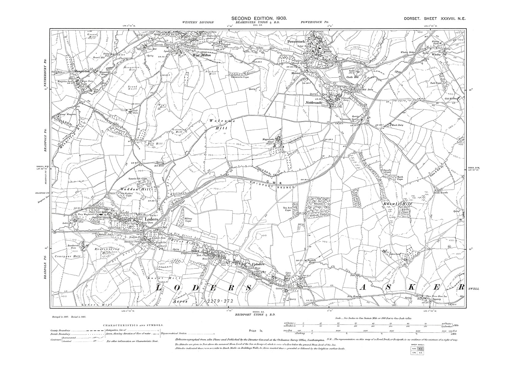 Old OS map dated 1903, showing Loders, Powerstock, Nettlecombe, West M ...