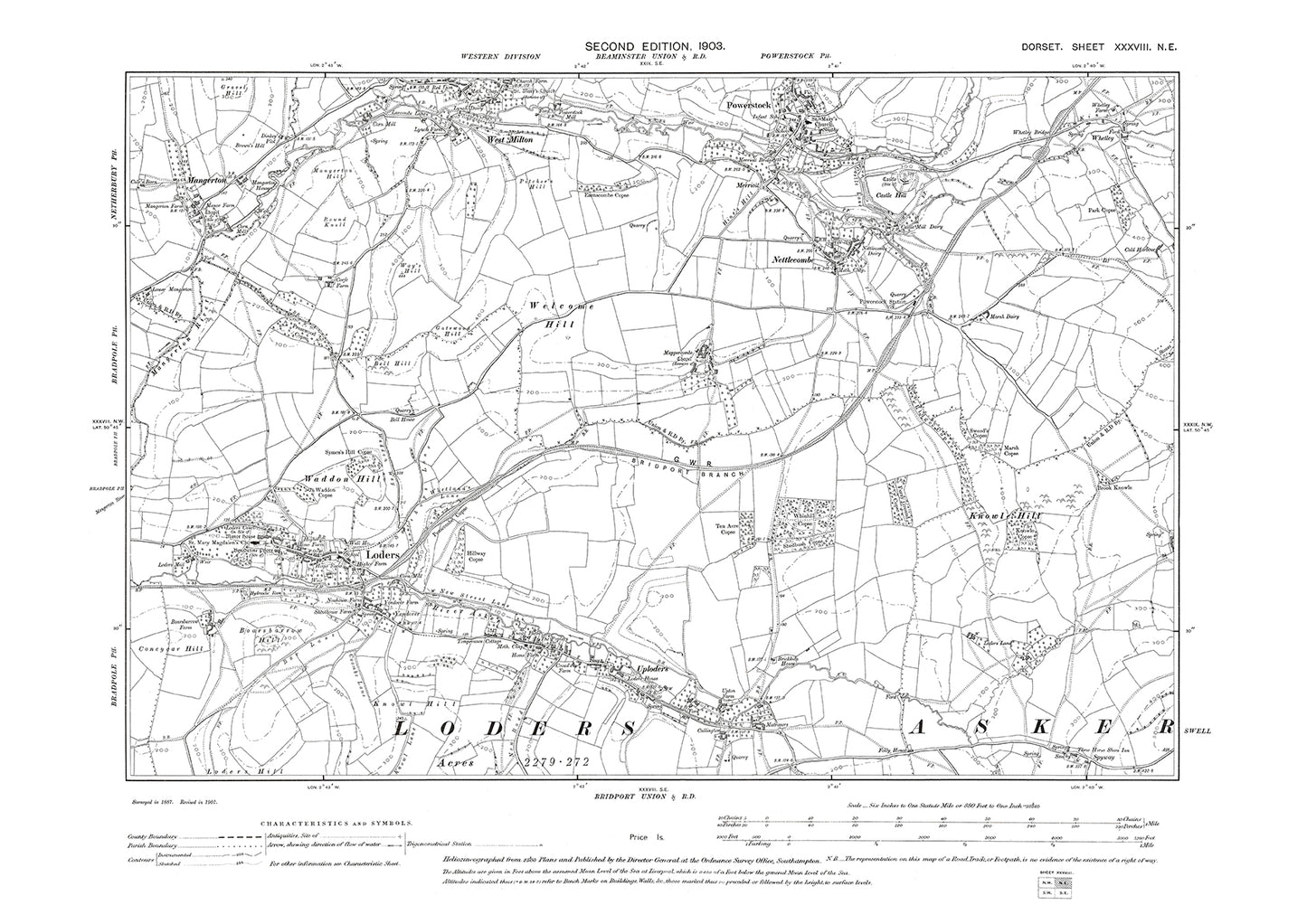 Old OS map dated 1903, showing Loders, Powerstock, Nettlecombe, West Milton in Dorset - 38NE