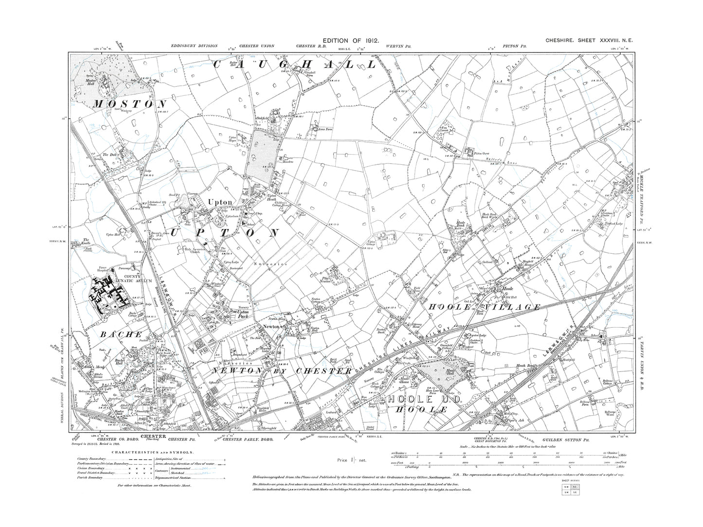 Old OS map dated 1912, showing Chester (north), Upton, Newton, Hoole in Cheshire 38NE