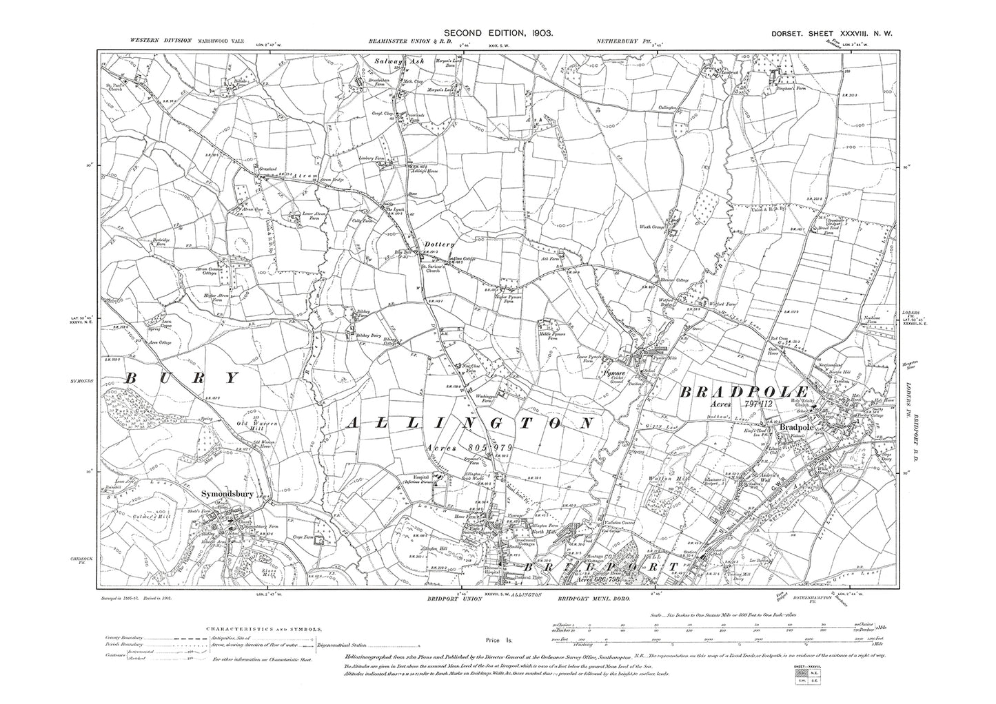 Old OS map dated 1903, showing Bridport (north), Symondsbury, Bradpole, Pymore, Dottery in Dorset - 38NW