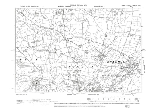 Old OS map dated 1903, showing Bridport (north), Symondsbury, Bradpole, Pymore, Dottery in Dorset - 38NW