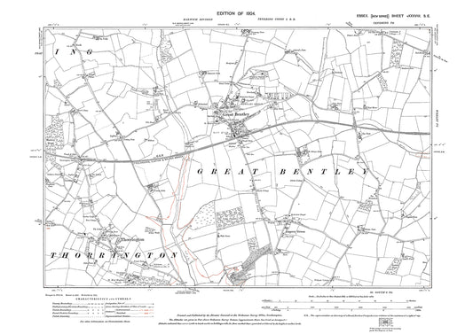 Old OS map dated 1924, showing Great Bentley, Thorrington and Aingers Green in Essex - 38SE