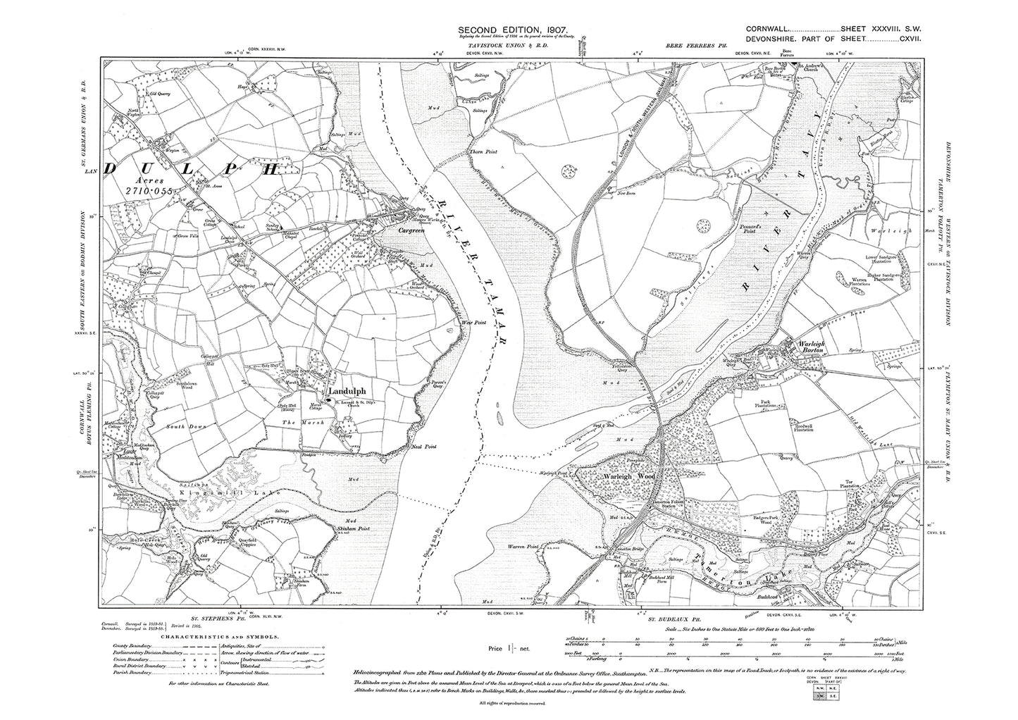 Landulph, Cargreen, old map Cornwall 1907: 38SW