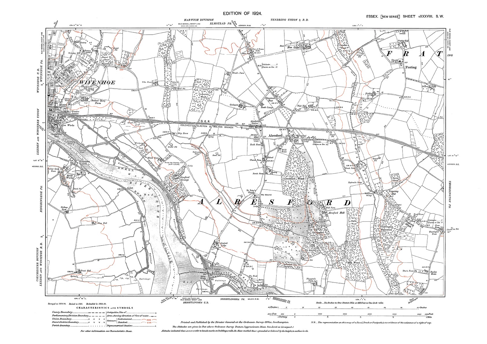 Old OS map dated 1924, showing Wivenhoe (east), Alresford and Frating ...