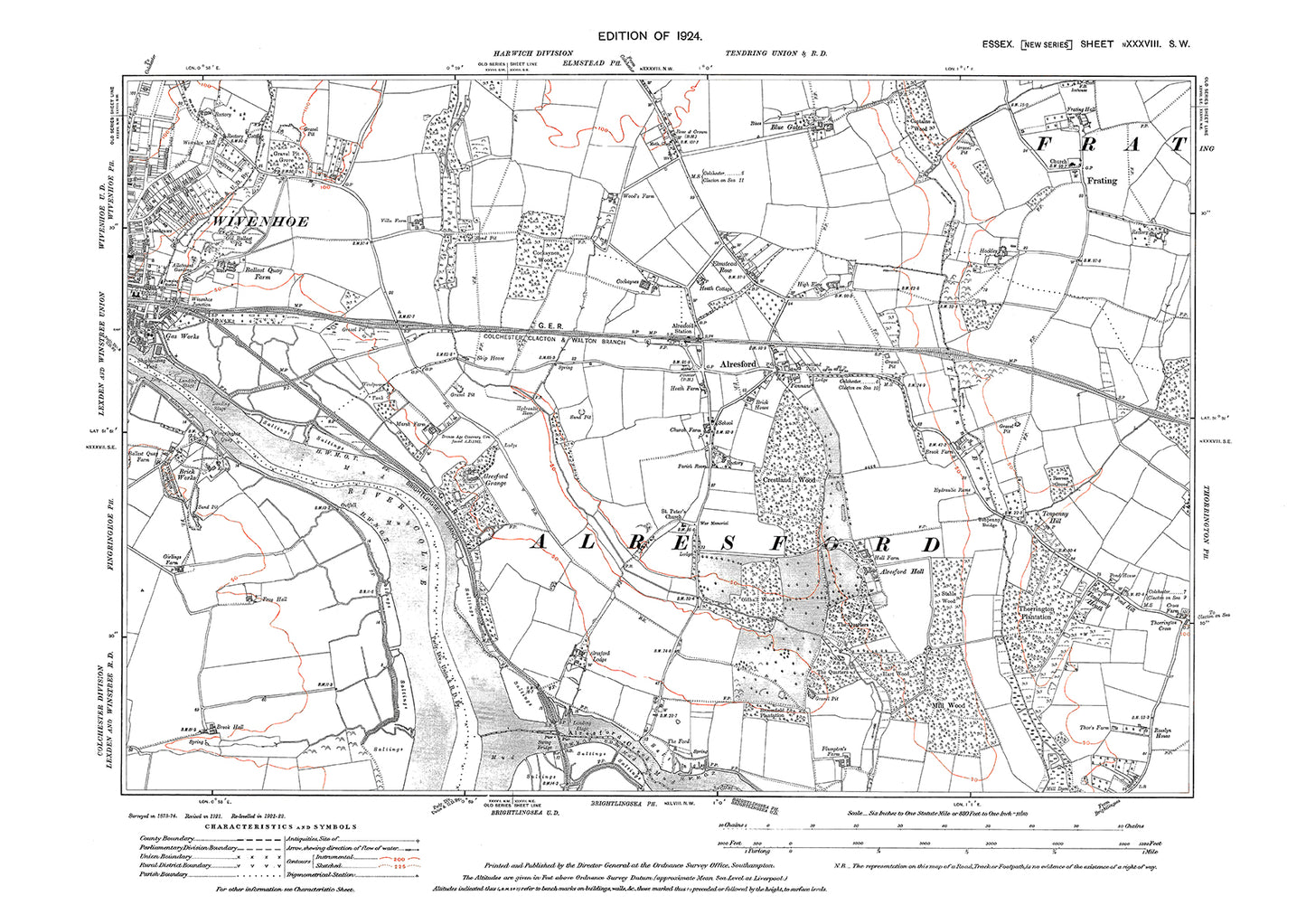 Old OS map dated 1924, showing Wivenhoe (east), Alresford and Frating in Essex - 38SW