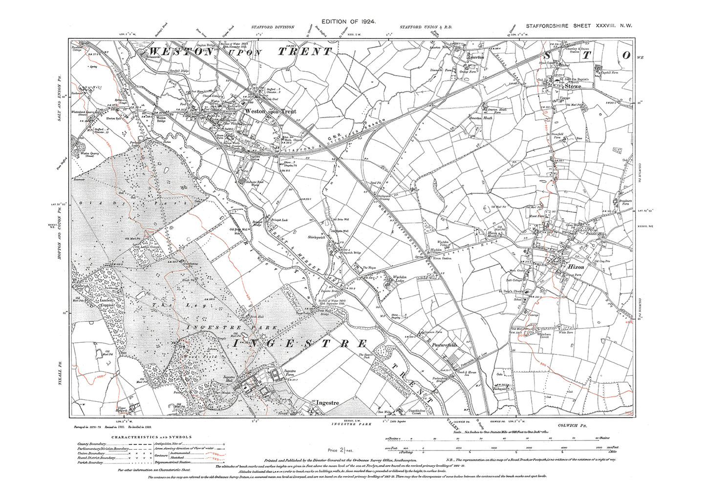 Weston upon Trent, Stowe, Hixon, old map Staffs 1924: 38NW