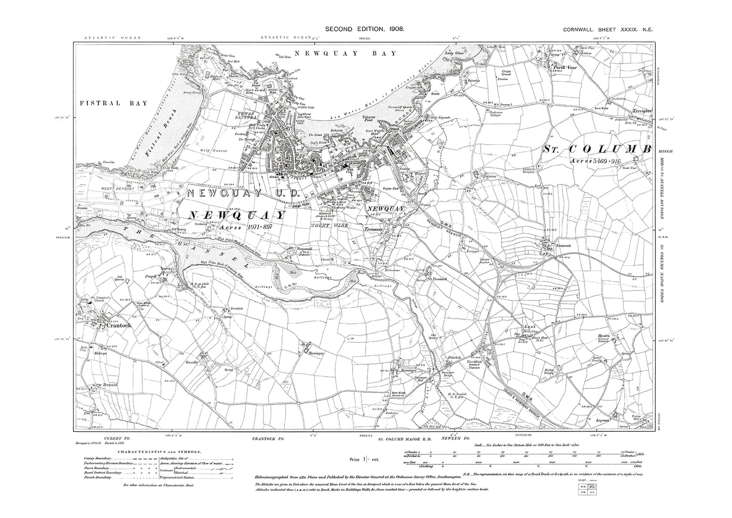 Newquay, Crantock, old map Cornwall 1908: 39NE