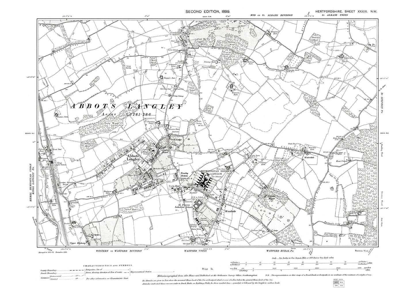 Old OS map dated 1899, showing Abbots Langley, Bedmond in Hertfordshire - 39NW