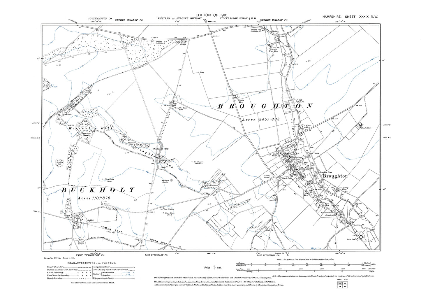 Old OS map dated 1910, showing Broughton in Hampshire - 39NW