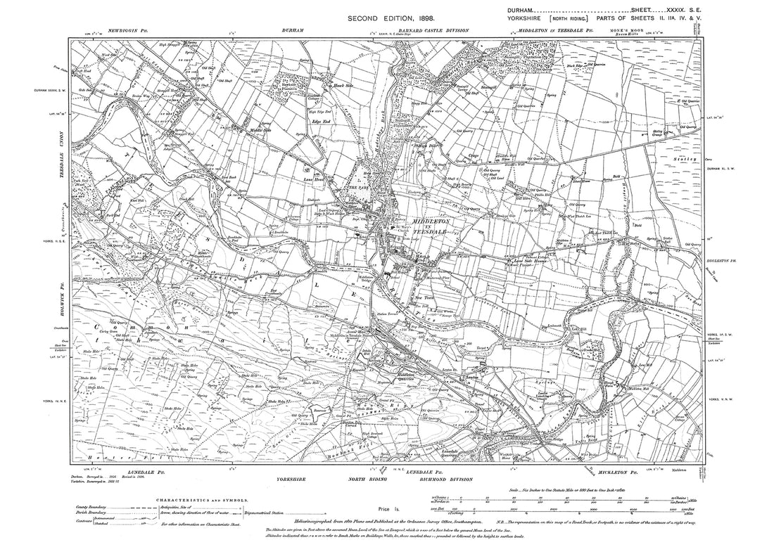 Old OS map dated 1898, showing Middleton in Teesdale in Durham - 39SE ...
