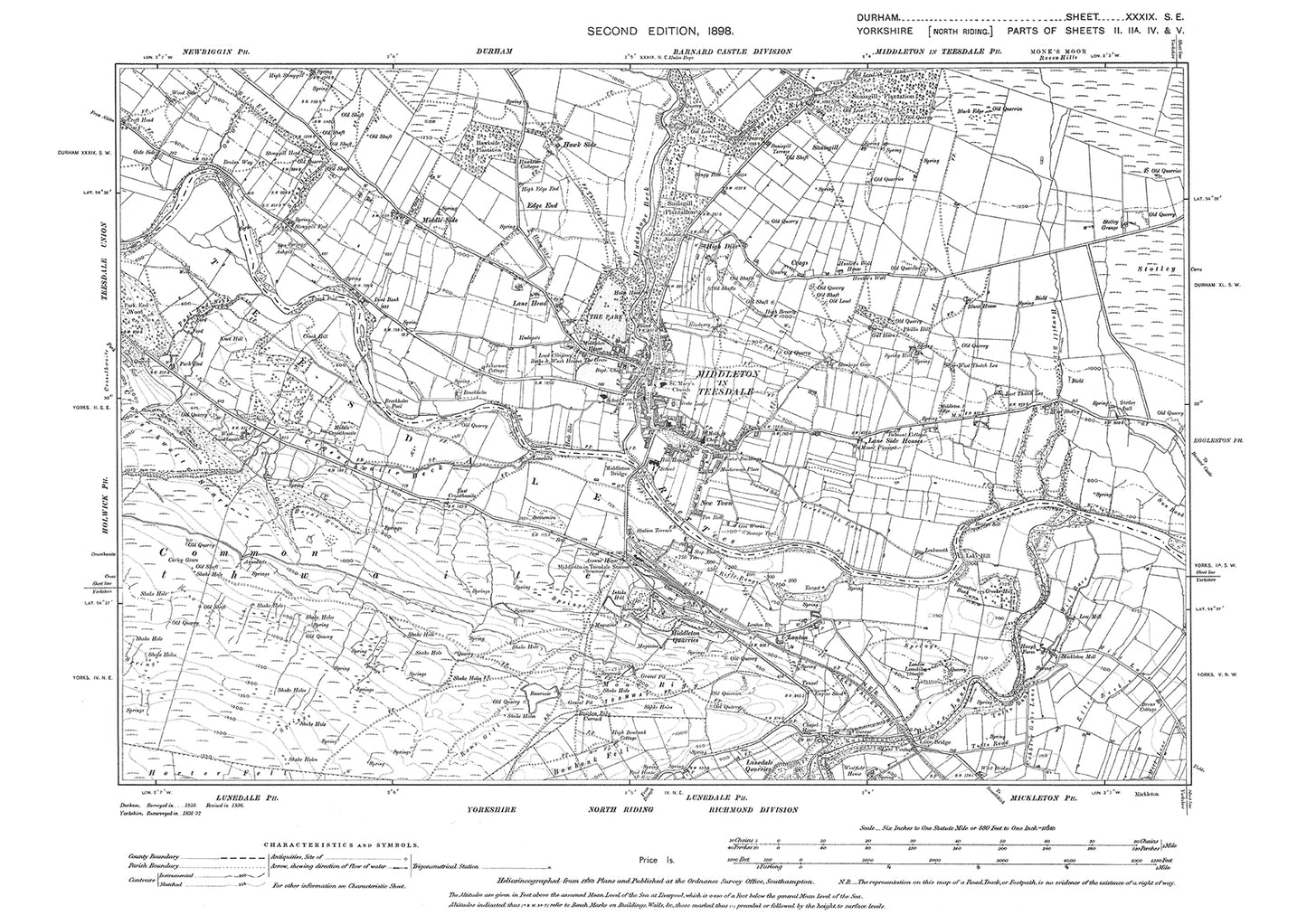 Old OS map dated 1898, showing Middleton in Teesdale in Durham - 39SE