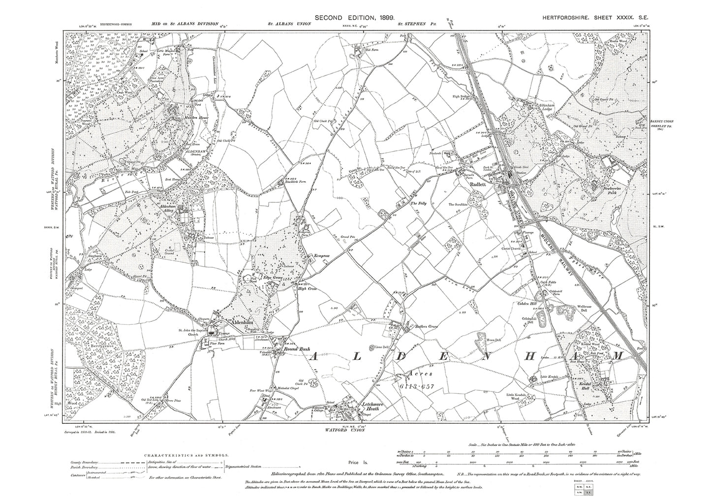 Old OS map dated 1899, showing Radlett, Aldenham, Letchmore Heath in Hertfordshire - 39SE