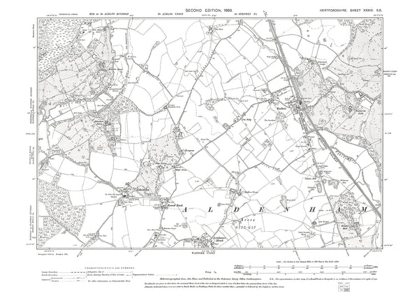 Old OS map dated 1899, showing Radlett, Aldenham, Letchmore Heath in H ...