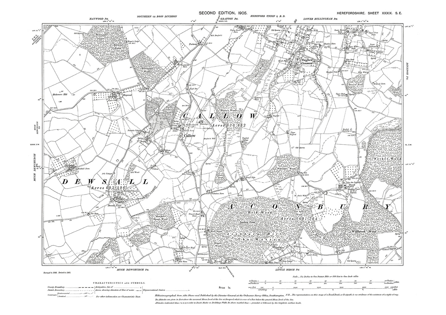 Old OS map dated 1905, showing Callow in Herefordshire - 39SE