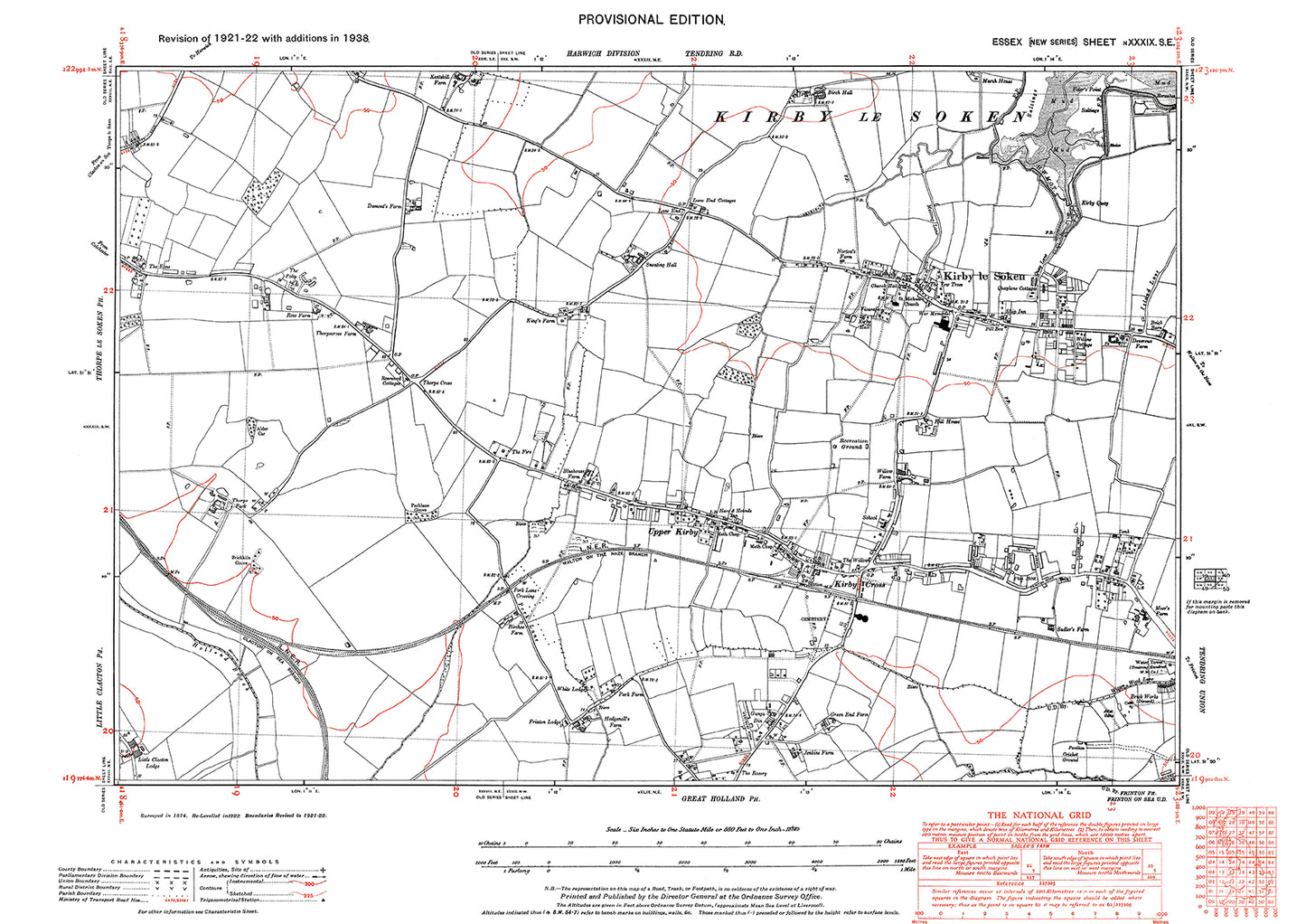 Old OS map dated 1938, showing Kirby le Soken, Upper Kirby and Kirby Cross in Essex - 39SE