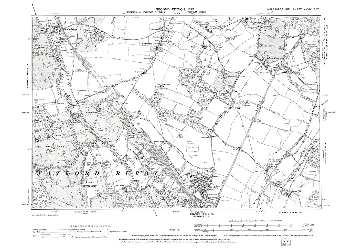 Old OS map dated 1899, showing Watford, Huntonbridge, Leavesden Green, Garston in Hertfordshire - 39SW
